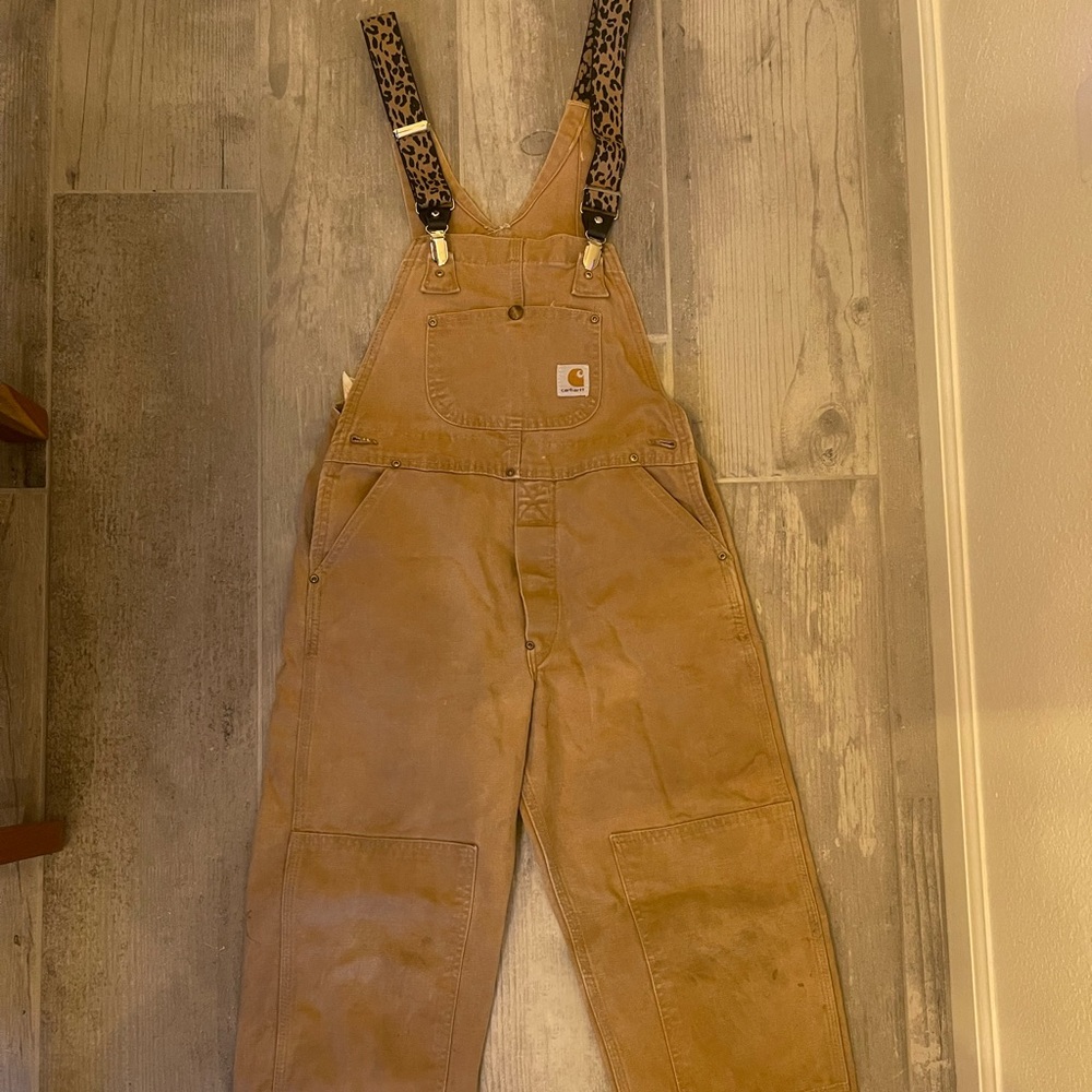 Vintage Carhartt Tan Overalls w leopard Print Straps. Boys size 14